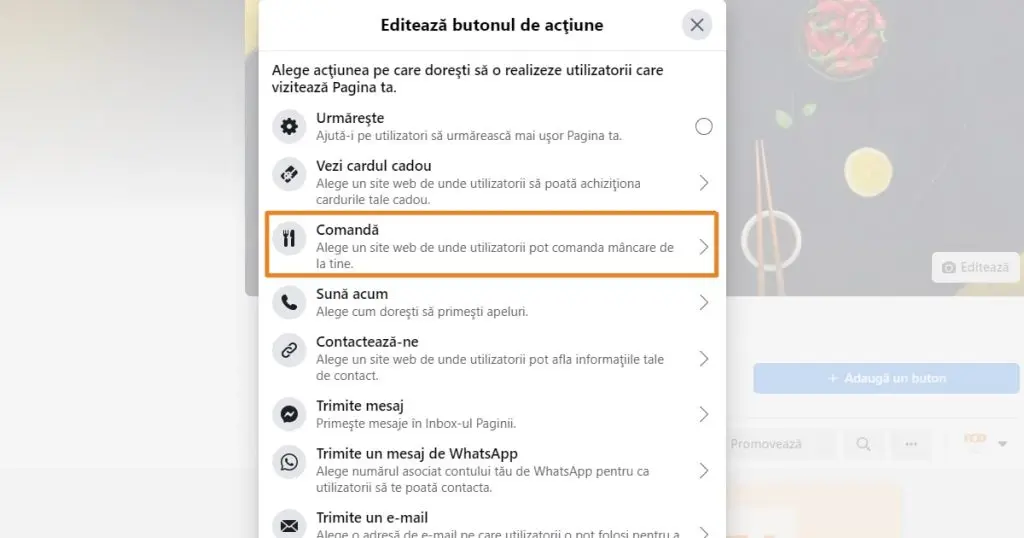 editeaza butonul de actiune comanda facebook