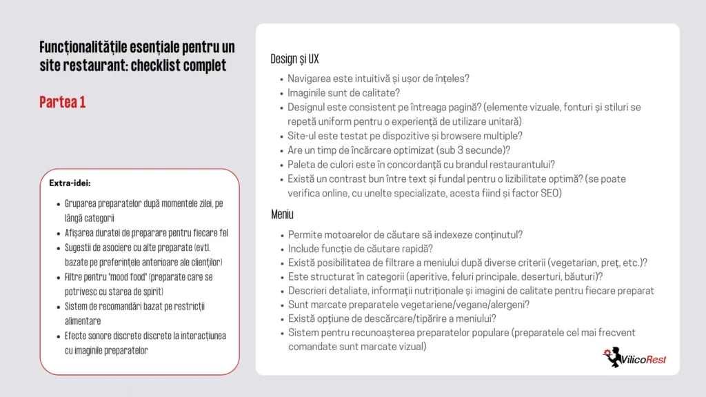 Checklist pentru funcționalitățile esențiale ale unui site de restaurant, partea 1. Design și UX și Meniu, plus o casetă cu 'Extra-idei'. Documentul prezintă diverse aspecte, de la navigare și optimizare până la structurarea meniului și filtre pentru preparate. Logo-ul VilicoRest în colțul din dreapta jos, iar textul este afișat pe un fundal alb.