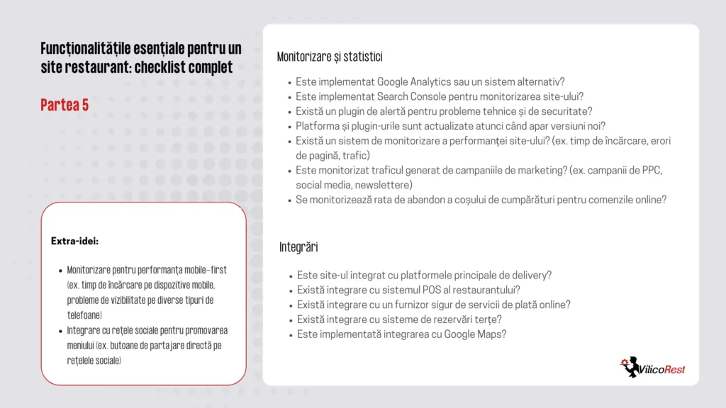 Checklist pentru funcționalitățile esențiale ale unui site de restaurant, partea 5. Monitorizare și statistici și Integrări, o casetă cu 'Extra-idei'. Diverse aspecte tehnice legate de monitorizare și integrări cu alte platforme. Logo-ul VilicoRest este prezent în colțul din dreapta jos, iar conținutul este afișat pe un fundal alb cu un pattern subtil.