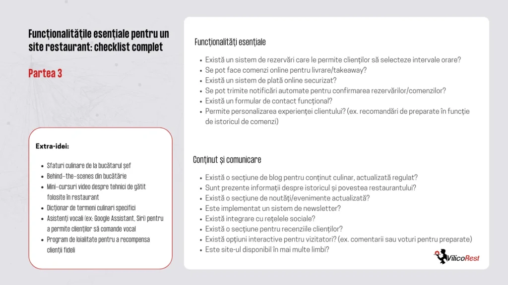 Checklist pentru funcționalitățile esențiale ale unui site de restaurant, partea 3. Funcționalități esențiale și Conținut și comunicare, o casetă cu 'Extra-idei'. Textul este prezentat pe un fundal alb, cu logo-ul VilicoRest în colțul din dreapta jos. Lista include diverse aspecte precum sistem de rezervări, comenzi online, blog culinar și opțiuni de social media.