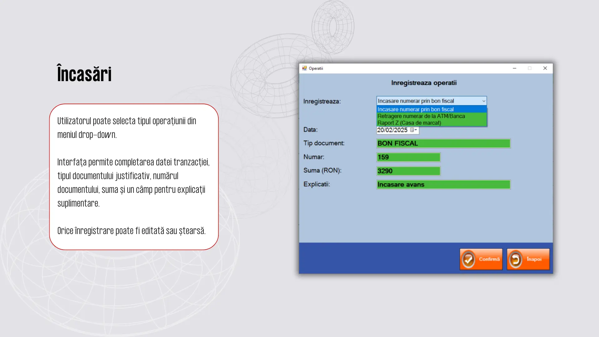 ecranul de inregistrare incasari in registrul de casa vilicorest